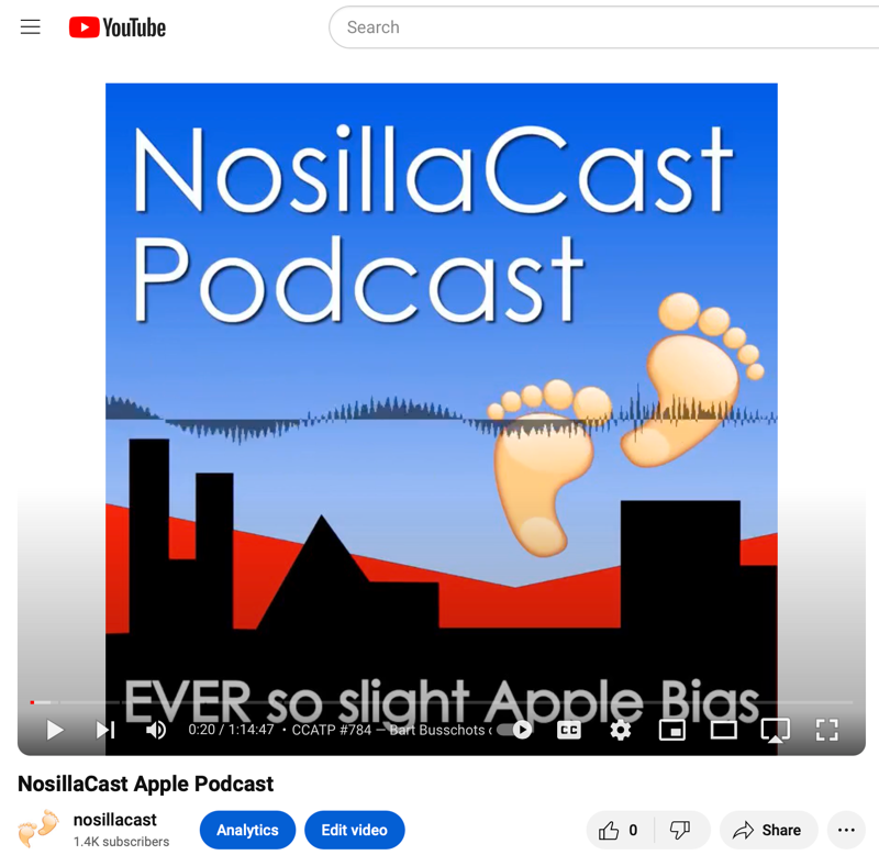 NosillaCast playing in YouTube with logo and waveform.