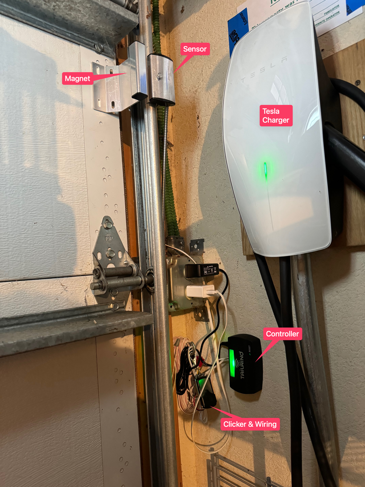 Tailwind Sensor Magnet Controller Clicker and wiring hanging inside garage door.