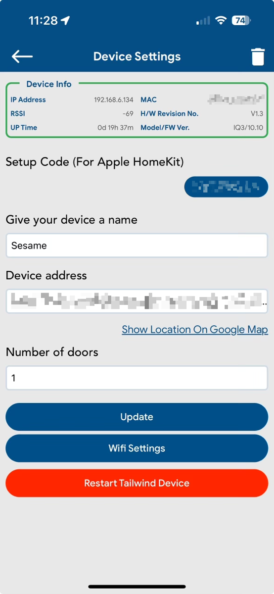 Tailwind Screen Showing Device Settings like IP and RSSI Including HomeKit code.