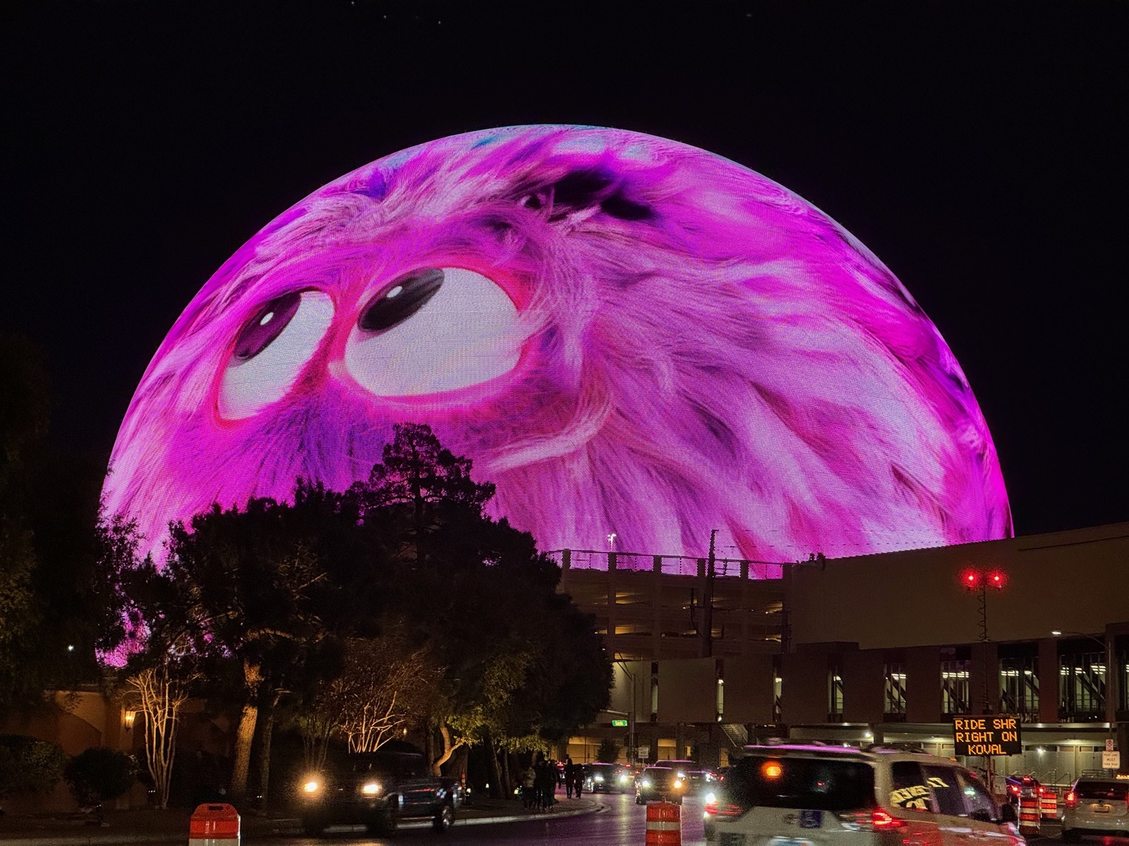 The Sphere looking like a giant pink furry playful monster with the city in the foreground and the black sky behind. The monster has big eyeballs that were moving around.