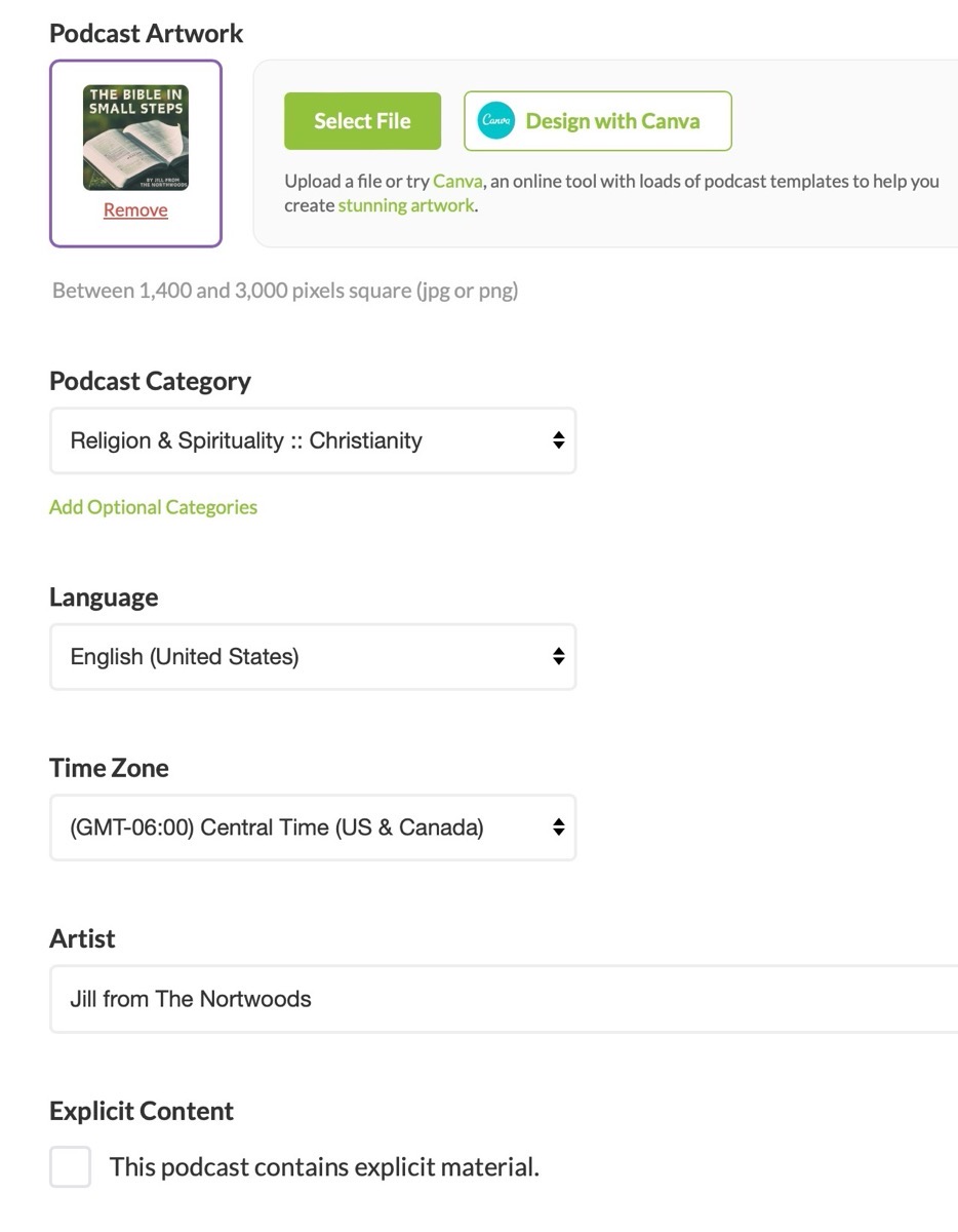 Buzzsprout page where Jill has added her graphic, chosen podcast category, language, and timezone as well as entering the artist's name and a checkbox about explicit content - hers is not!