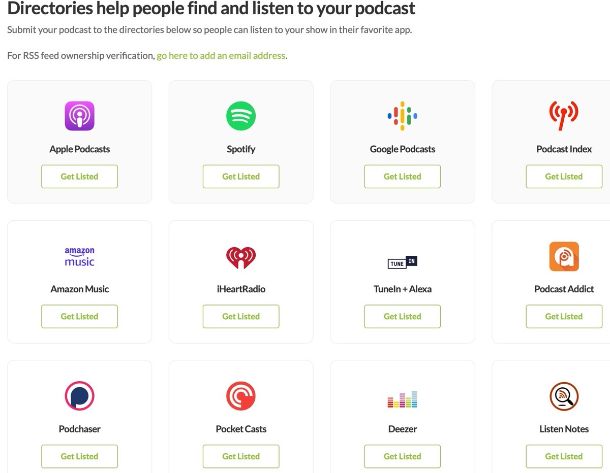 Icons for various services where you can link your podcast, such as Apple Podcasts and Spotify.