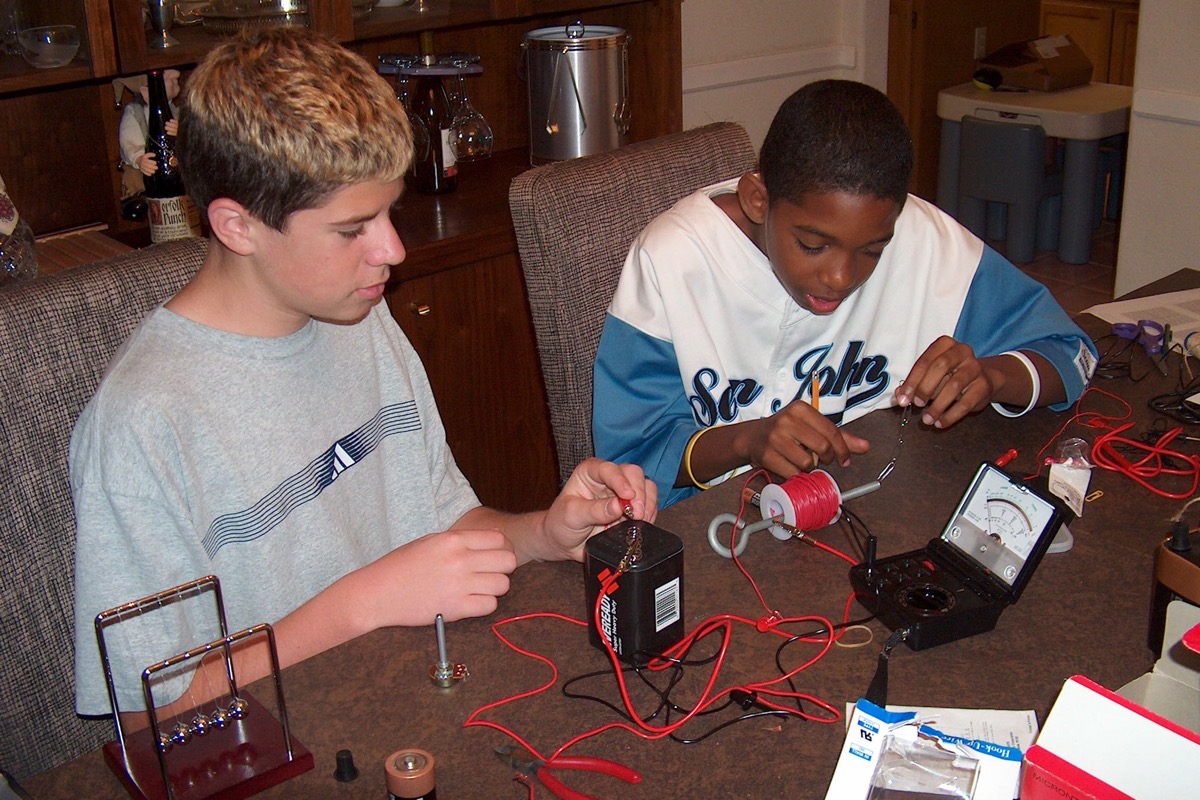 two teenage boys holding wires and using a battery and magnet while measuring using a meter
