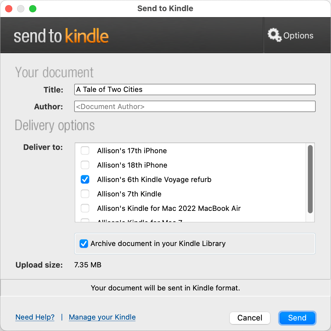 Send to Kindle App showing my devices and the book to be sent.