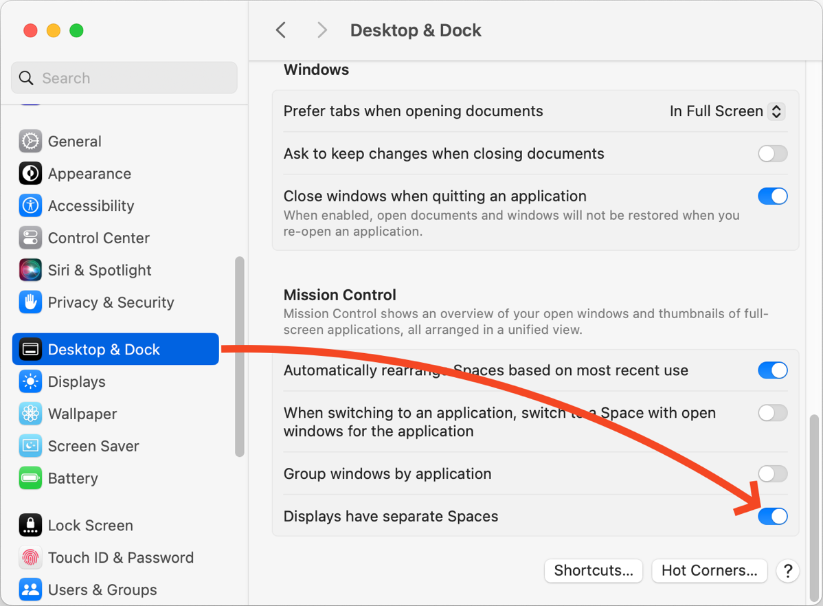 System Settings, Desktop and Dock, Displays have Separate Spaces.