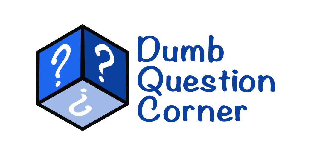 Dumb Question Corner logo - an isometric view of a cube with question marks on it