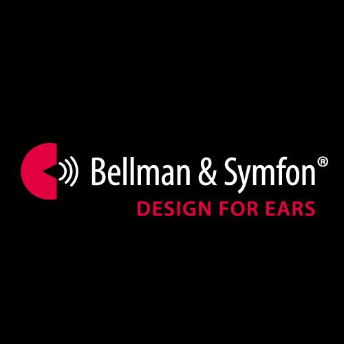 Bellman & Symfon company logo in white text on a black background. The tag line "Design for Ears" in red text lies below the company name. A stylized speaker in red shows sound emanating from it towards the company name.