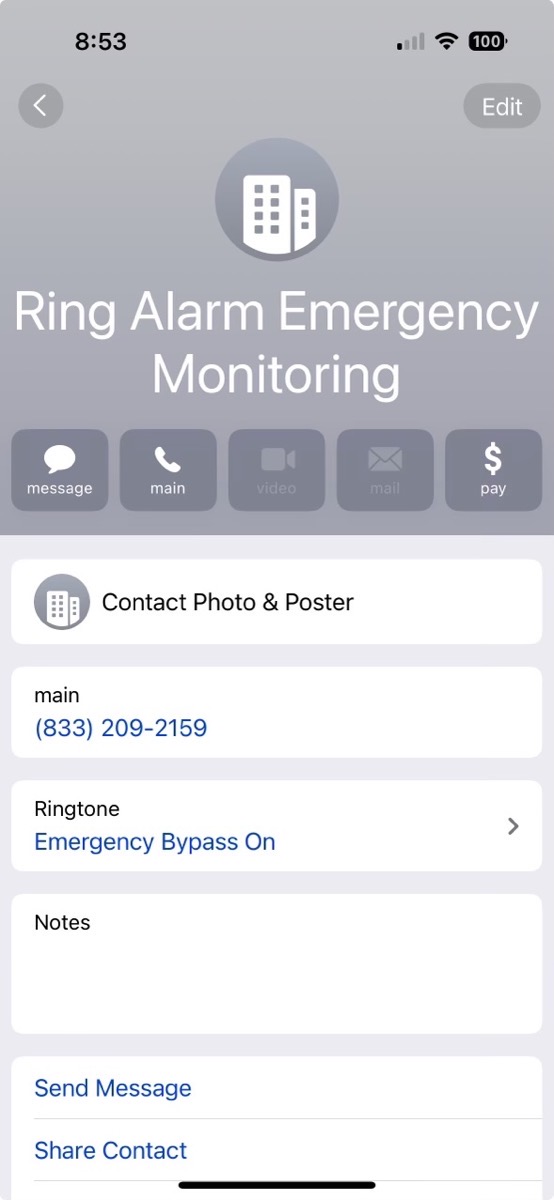 Contact Card for Ring Emergency Showing Ringtone as Emergency Bypass.