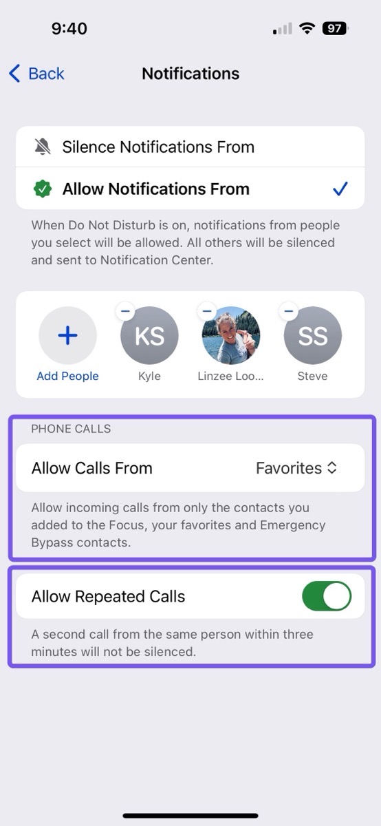 DND Notifications showing where you can add people and change allowed calls from and allow repeated calls toggle.