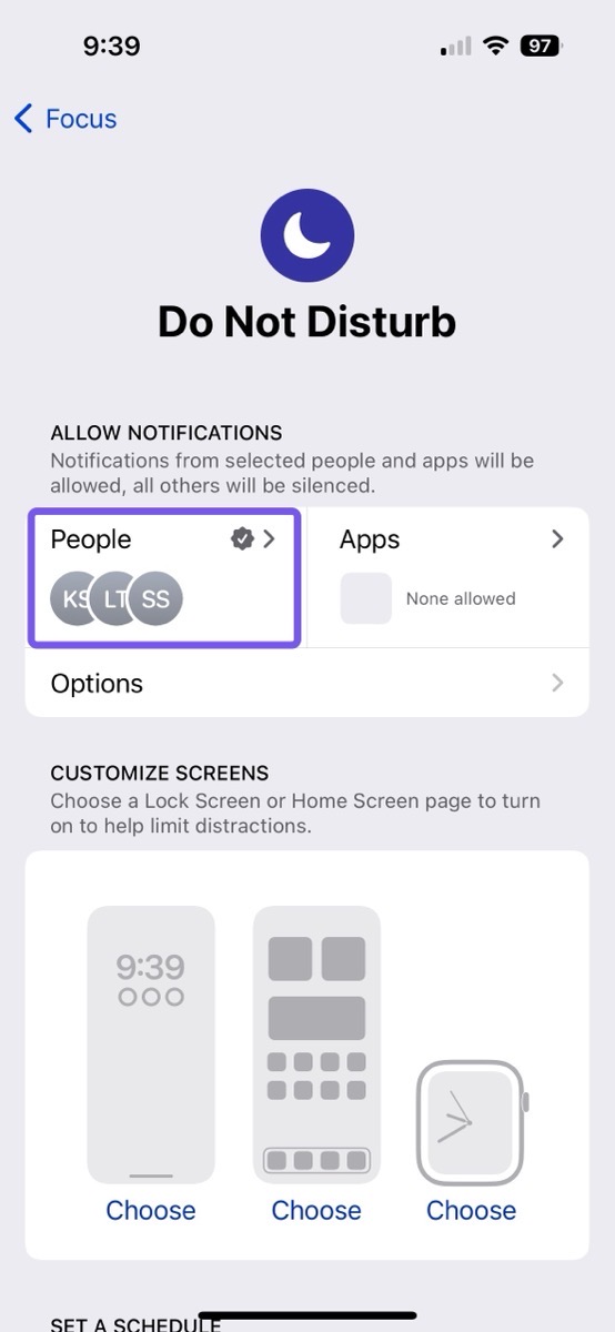 Do Not Disturb Focus Mode Highlighting People to be selected.
