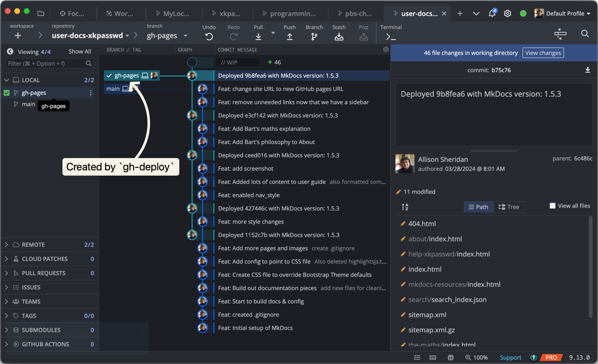 GitKraken showing gh-pages branch created by gh-deploy command.