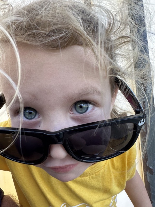 Siena close up to the camera with giant adult sunglasses pulled down on her nose looking highly judgy.