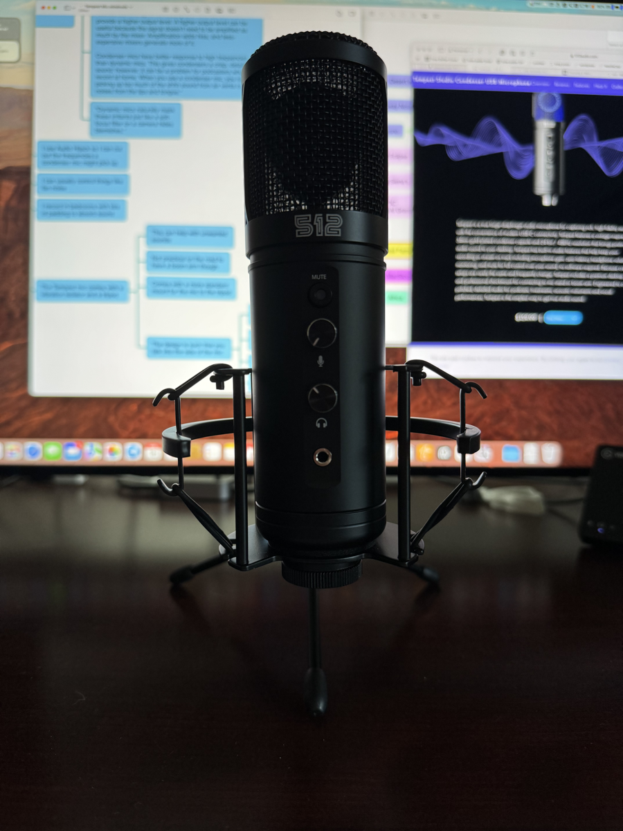 Tempest Mic in hard-mount to tiny tripod in front of my display - you can see the lollypop-shaped capsule inside