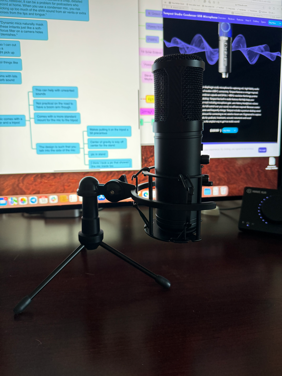 Tempest Mic in vibration isolator on tiny tripod.