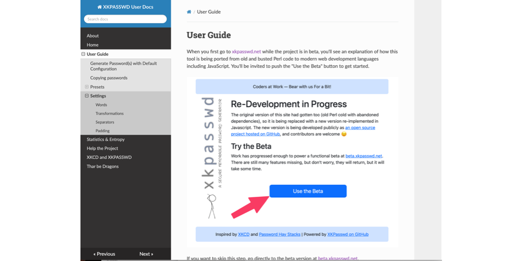 User guide for XKPasswd as generated with MkDocs. Has a left sidebar and open sections made by headings in Markdown documents. Heck, read the article, it explains the whole thing!