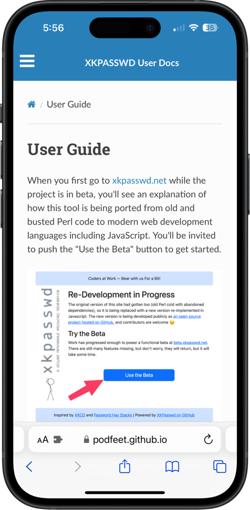 XKPasswd User Guide in MkDocs on iPhone.