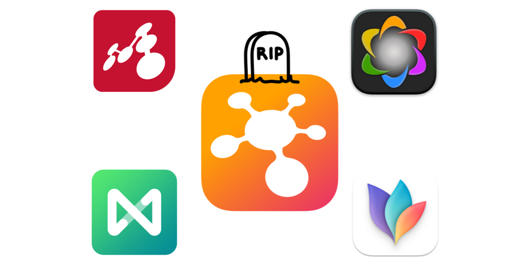 iThoughts logo with RIP on it plus the logos of the other four apps I considered