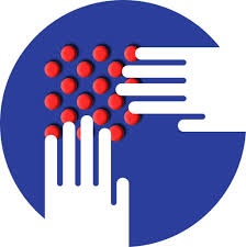 Touch Graphics company logo showing two hands at right angles to each other with fingers extended. The fingers overlay a grid pattern of red dots (indicating touch points) on a blue circular background.