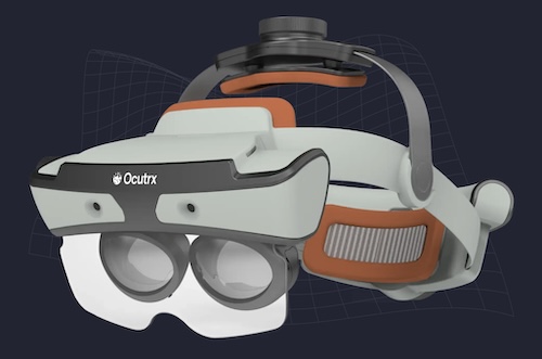 Ocutrx OcuLenz AR Headset showing two lenses, one for each eye, and two small openings for cameras above the lenses. A band on top of headset and another behind secures the headset on user's the head. The headset is white with orange and gray highlights.