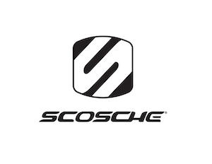 Scosche company logo with a white stylized and angled S against a black background and the company name below.