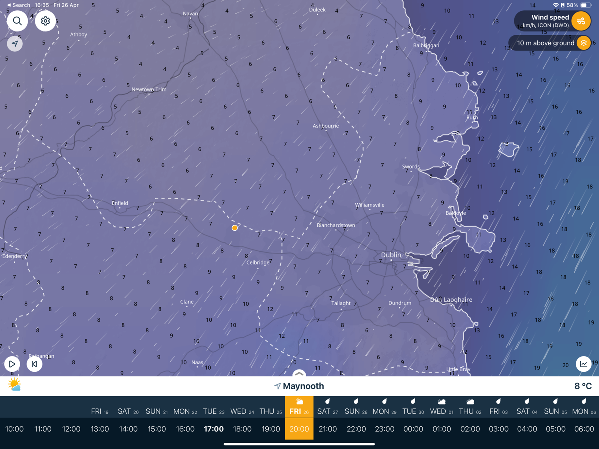 Wind map of greater Dublin area showing direction and a number for speed. selector along the bottom for day