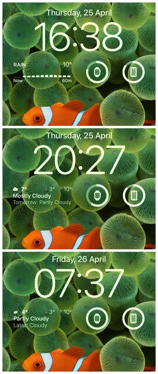 3 screenshots of iOS widget at 3 times of day illlustrating that the app shows different things dependig on conditions