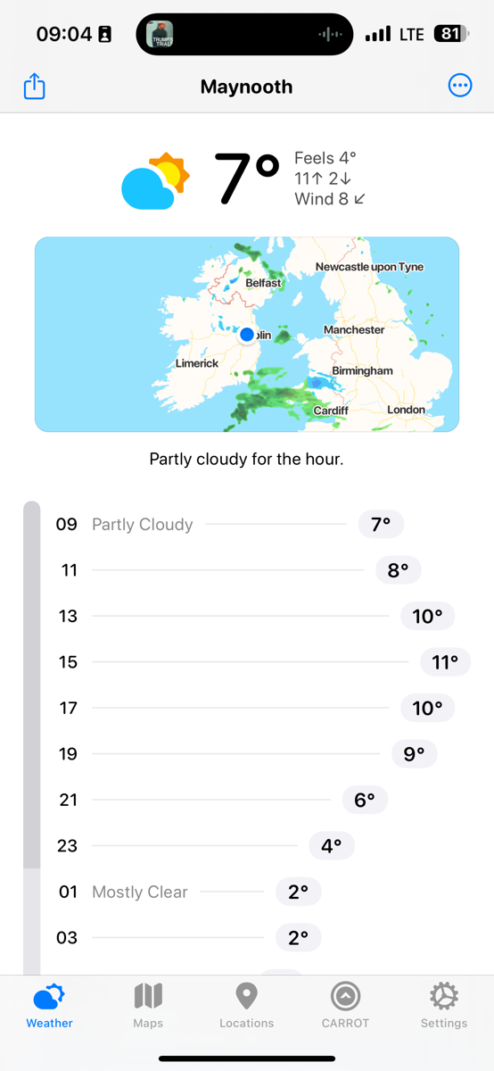 Temperature at the top, then radar, then the temperature in timeline