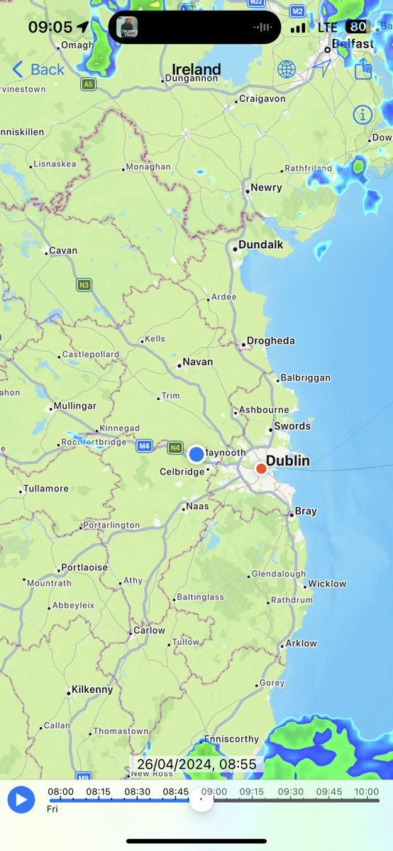 Radar map with slider for time showing the greater Dublin area