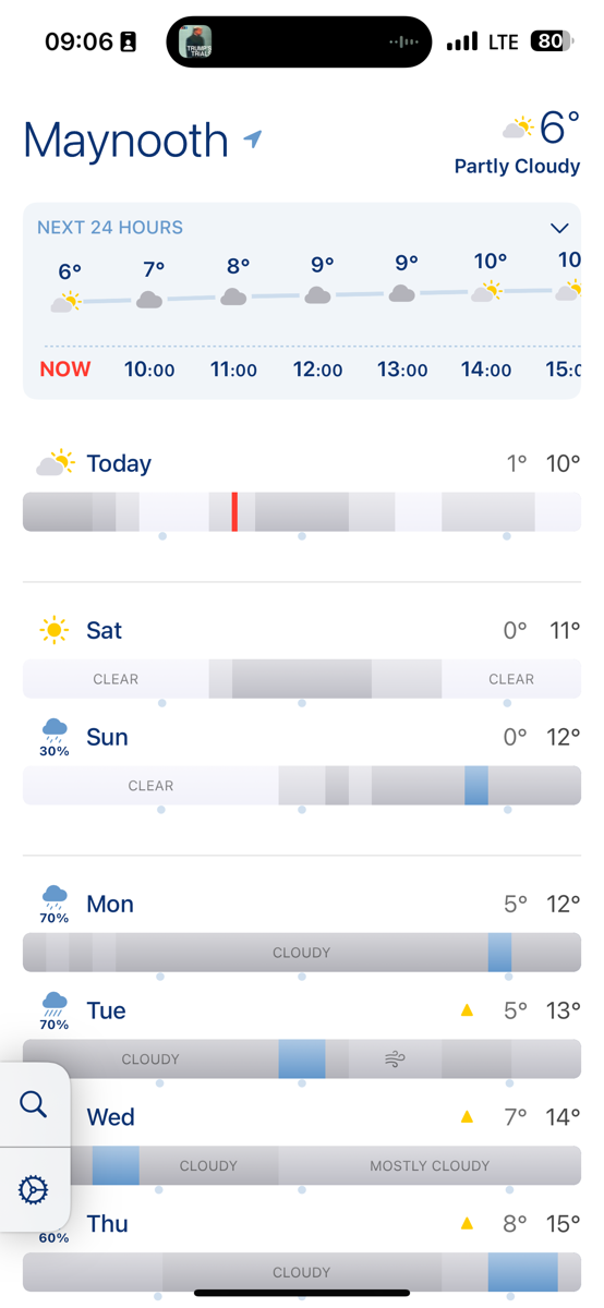on iPhone, shows temp by hour with icons for clouds or sun. Below that are colored strips for each day - color by clear vs how cloudy (grey) vs blue for rain
