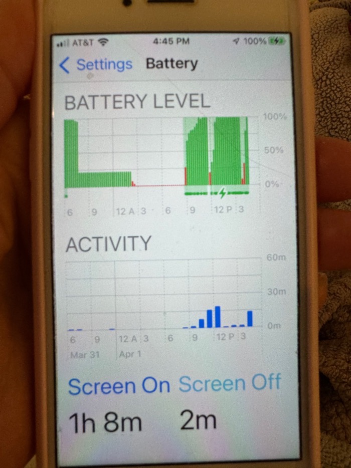 Lupe's battery Settings showing the battery going from 100% to 4% in a straight line down