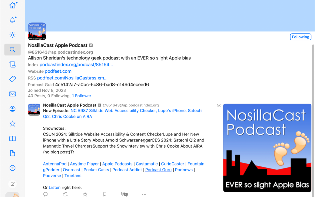 NosillaCast Apple Podcast account in Mastodon using Mona