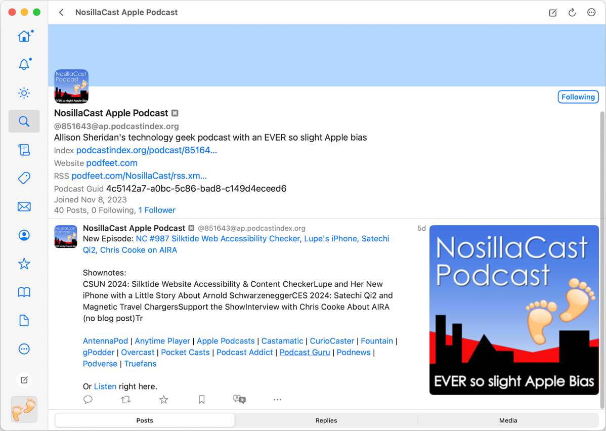 NosillaCast Apple Podcast account in Mastodon using Mona.