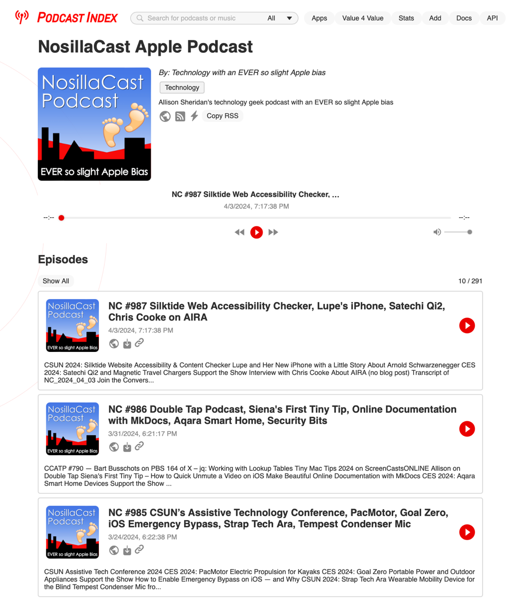 Podcast Index showing multiple episodes of the NosillaCast.