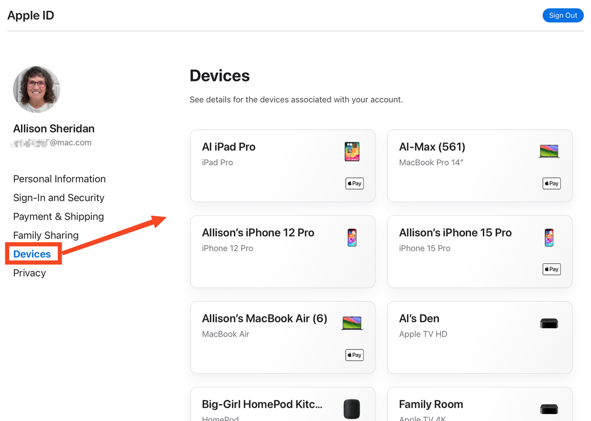 Appleid at apple dot com showing devices.