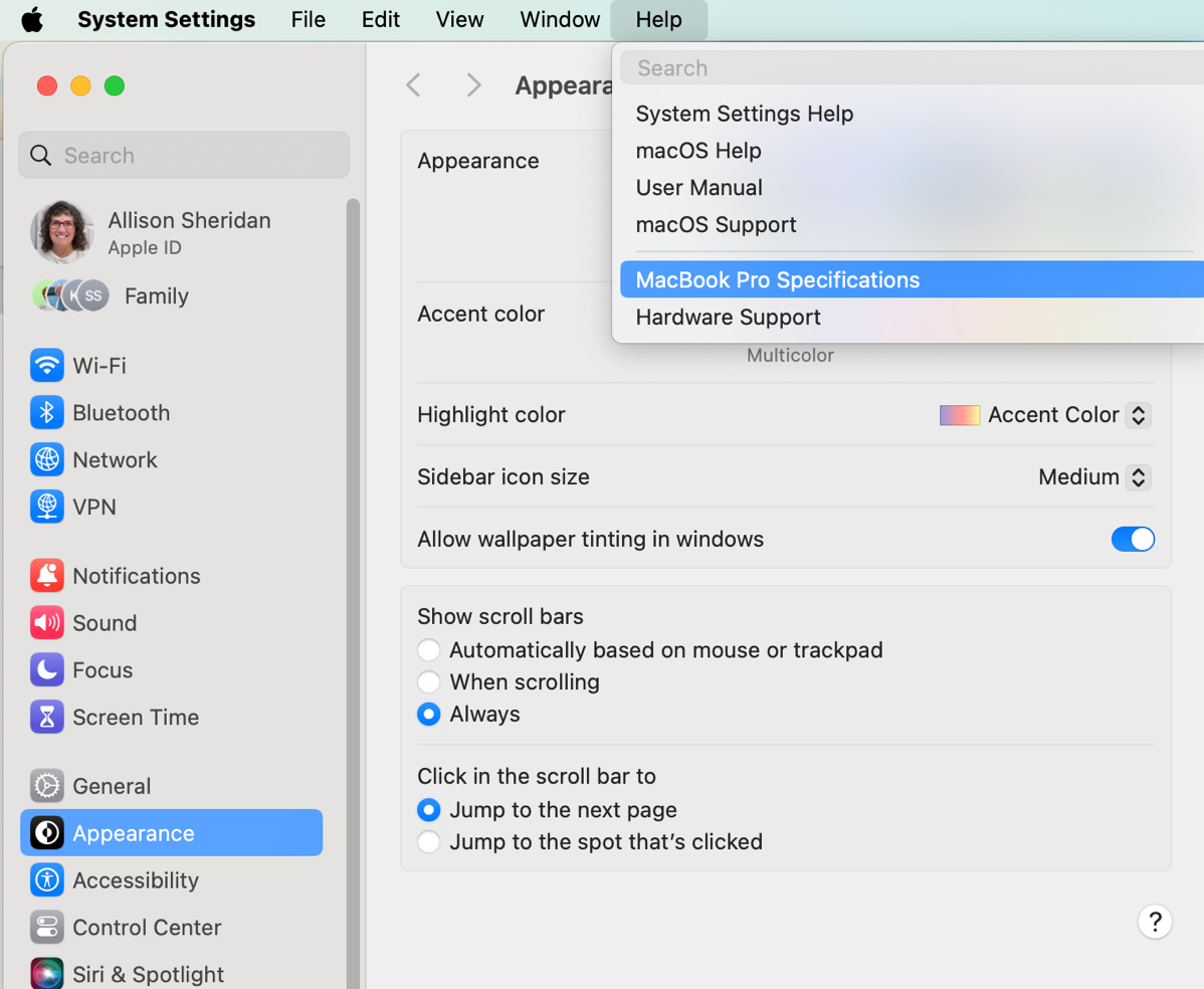 System Settings Help shows Mac specifications link.