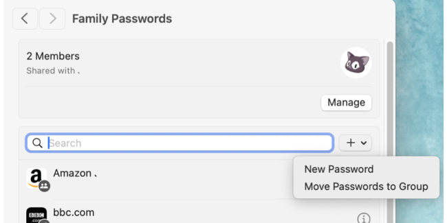 Screenshot of Passwords on Mac, showing the otions for "New Password" and "New Shared Group", having clicked the Plus button.