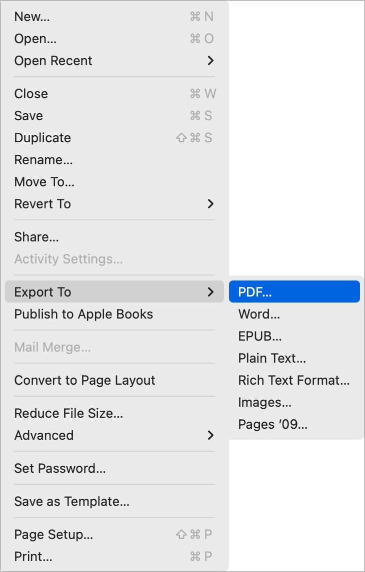 File - Export to - PDF menu