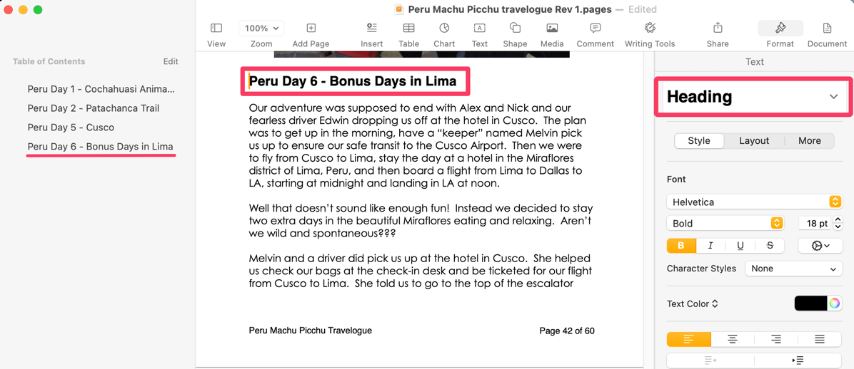 Same three-pane view, but no Day 6 text is set to format Heading and now in left pane Day 6 shows in ToC