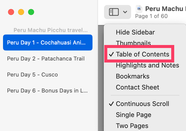 Preview sidebar menu highlighting choose table of contents.