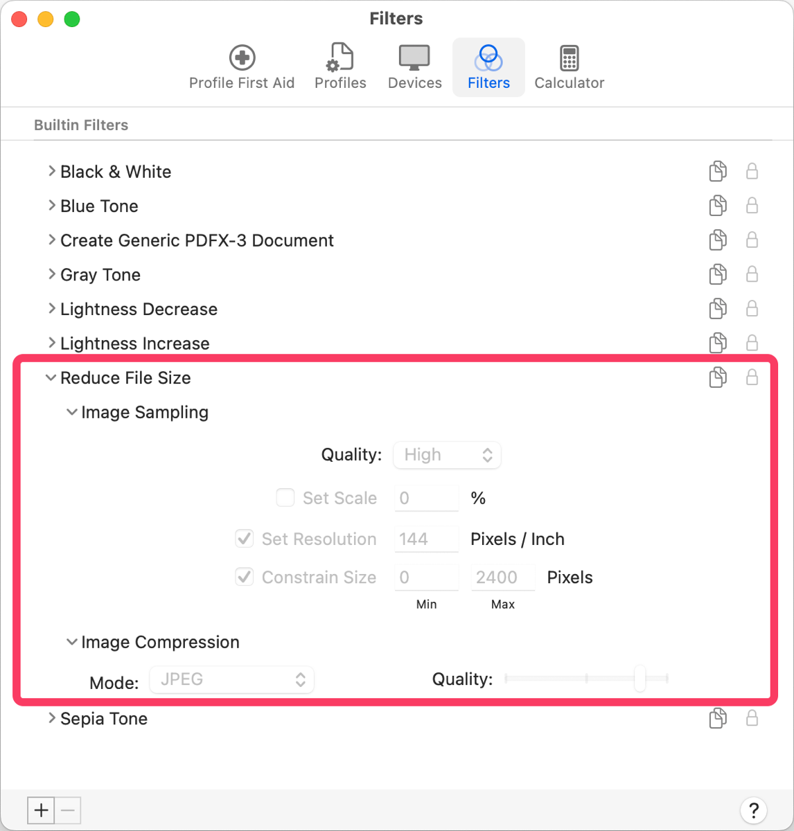 Quartz filter to reduce file size in ColorSync utility as I will describe