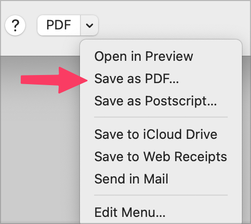 Save as PDF menu in print dialog box
