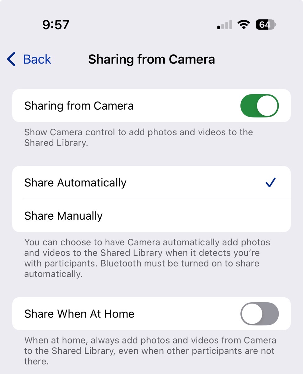 Shared Library not at home in Settings as described