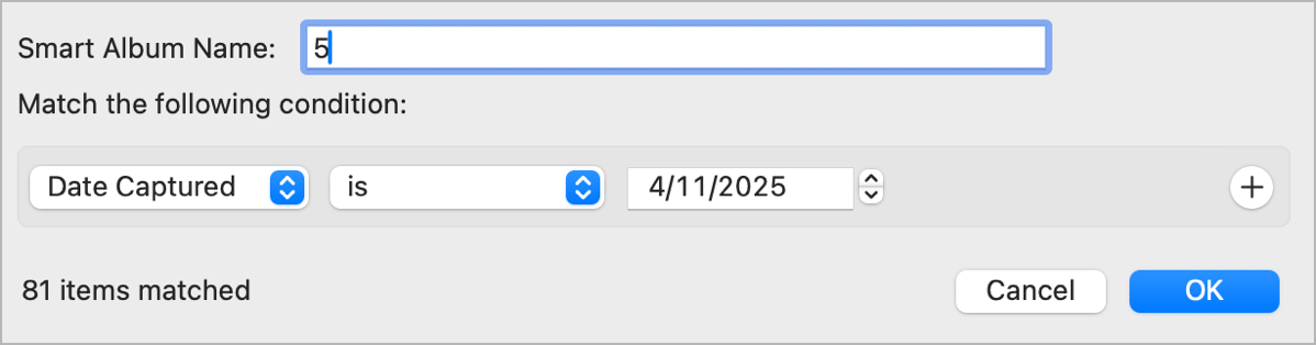 Smart Album with date captured is and a specific date as explained