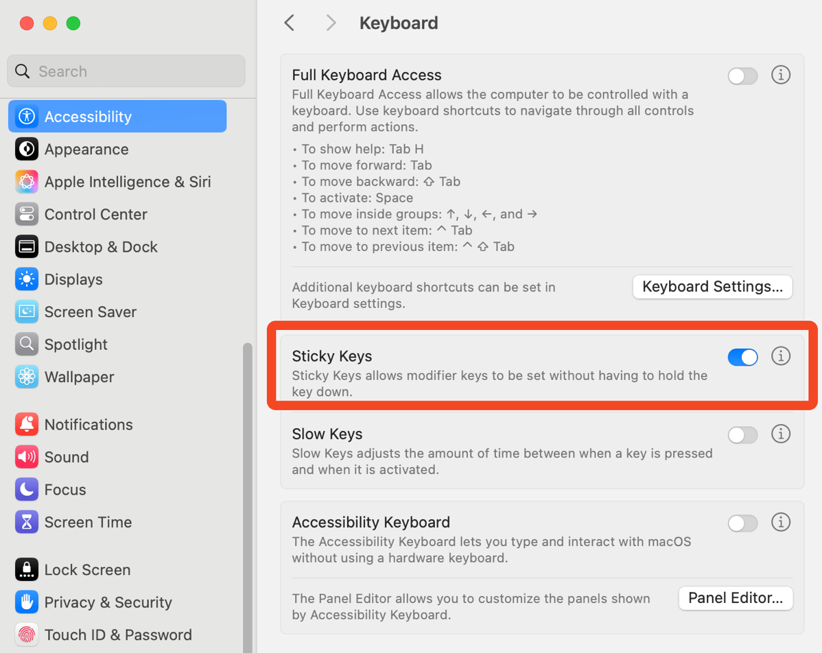 #title# Sticky Keys in Accessibility Keyboard.