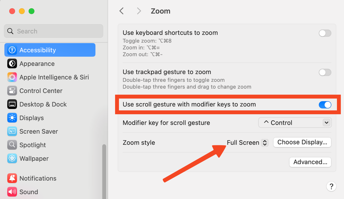 #title# Zoom options in System Settings Accessibility highlighting the controls I just described.