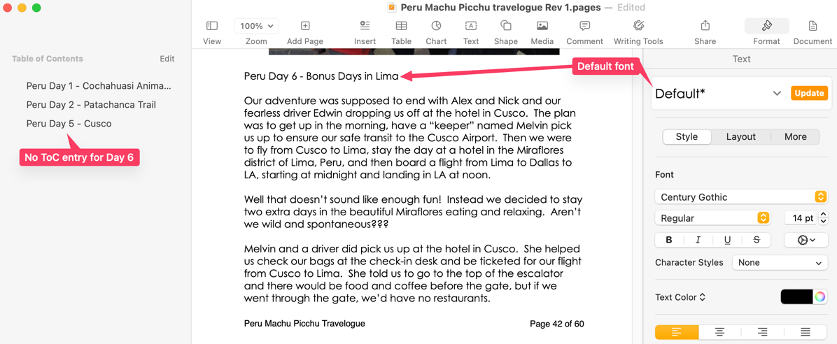 three-pane view of pages. left sidebar shows no entry in table of contents for day 6. center pane is text with an arrow from the Day 6 title set to default font in the right sidebar (formatting).