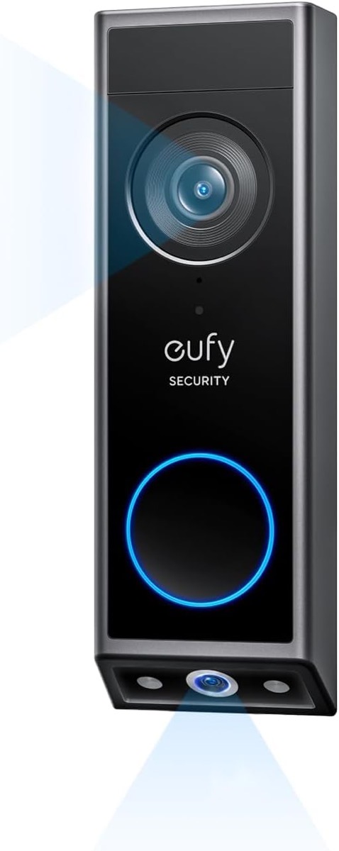 Eufy e340 doorbell - small black with camera view showing below.jpg Eufy e340 doorbell shows one camera looking straight out and a second small camera shooting out of the bottom at an angle to see packages