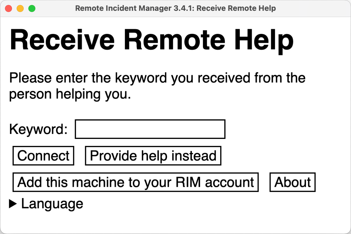 Remote Incident Manager window on macOS showing a text field for keyword, and buttons for connect, provide help instead, add this machine to your RIM account, and about.