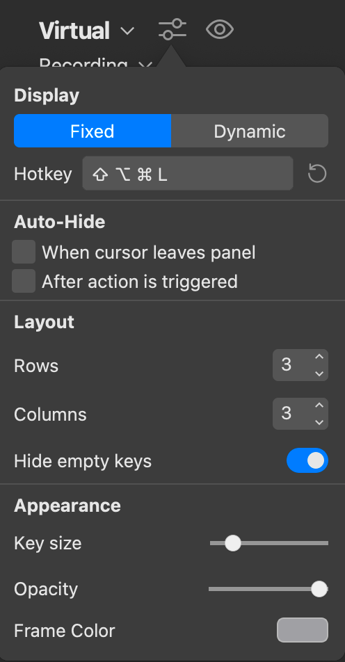 Virtual Device settings options including button layout.