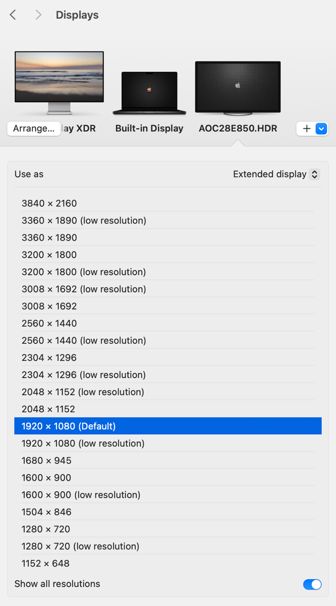 AOC28E850.HDR display showing all of its resolutions in System Settings.png AOC28E850.HDR display showing all of its resolutions in System Settings.